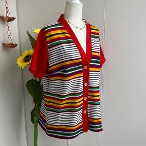 Vintage 60s 70s Button Up Rainbow Striped Red Short Sleeve Polyester Blouse